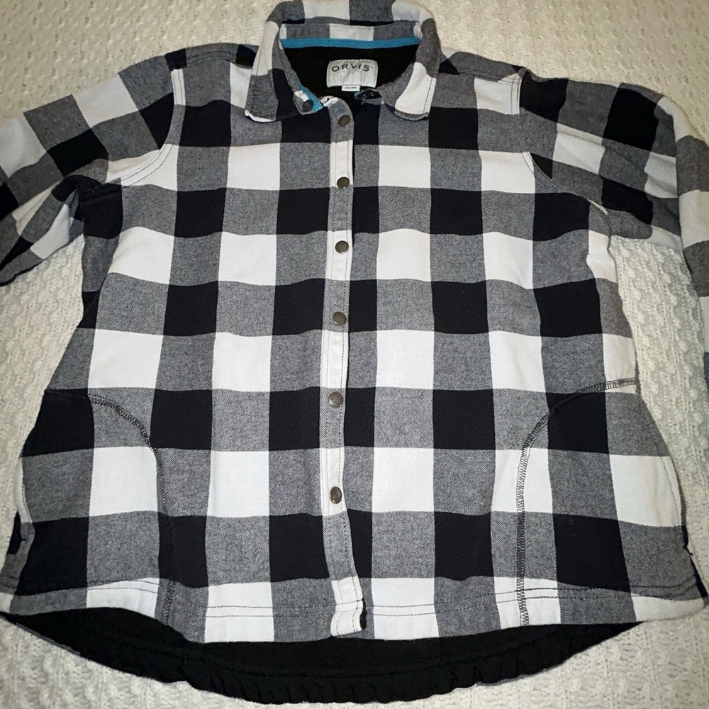 Orvis Plaid Fleece Lined Pinnacle Flannel Shirt Jacket Women Black White 2xl - Picture 2 of 8